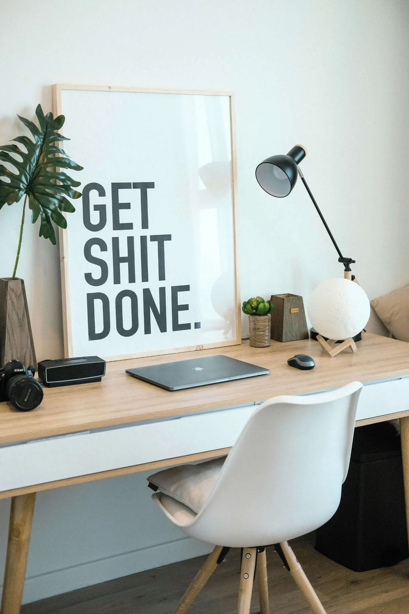 Tidy desk with a laptop, a lamp and a plant