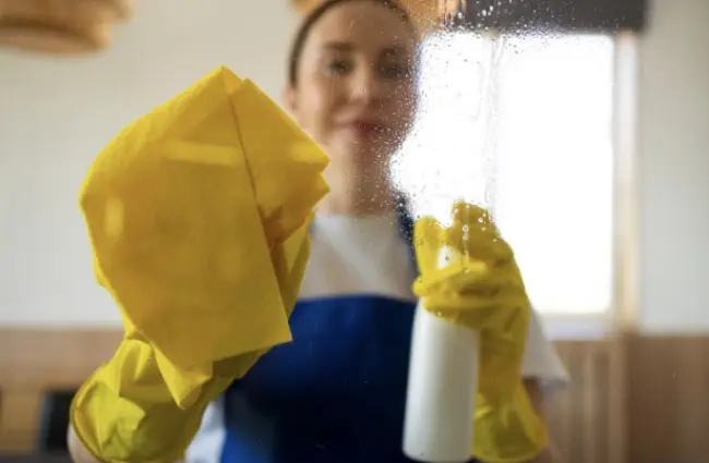Woman in yellow gloves cleaning glass with a cloth and a spray bottle
