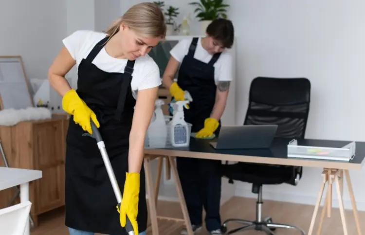 Dos mujeres con delantal limpiando un despacho