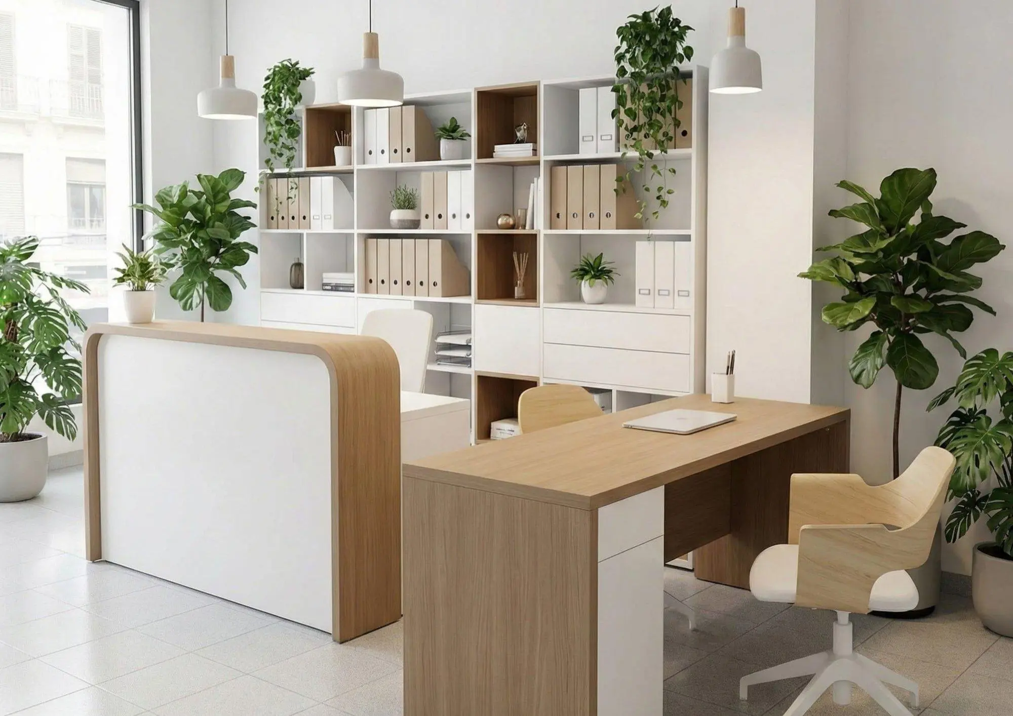 Tidy office with a wooden desk, shelves and plants